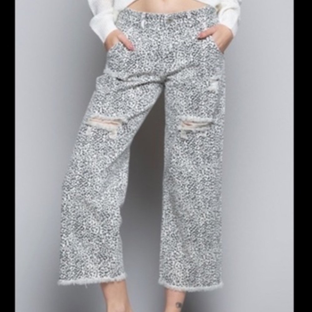 POL Wide Leg Leopard Print Distressed Jeans Raw Hemline